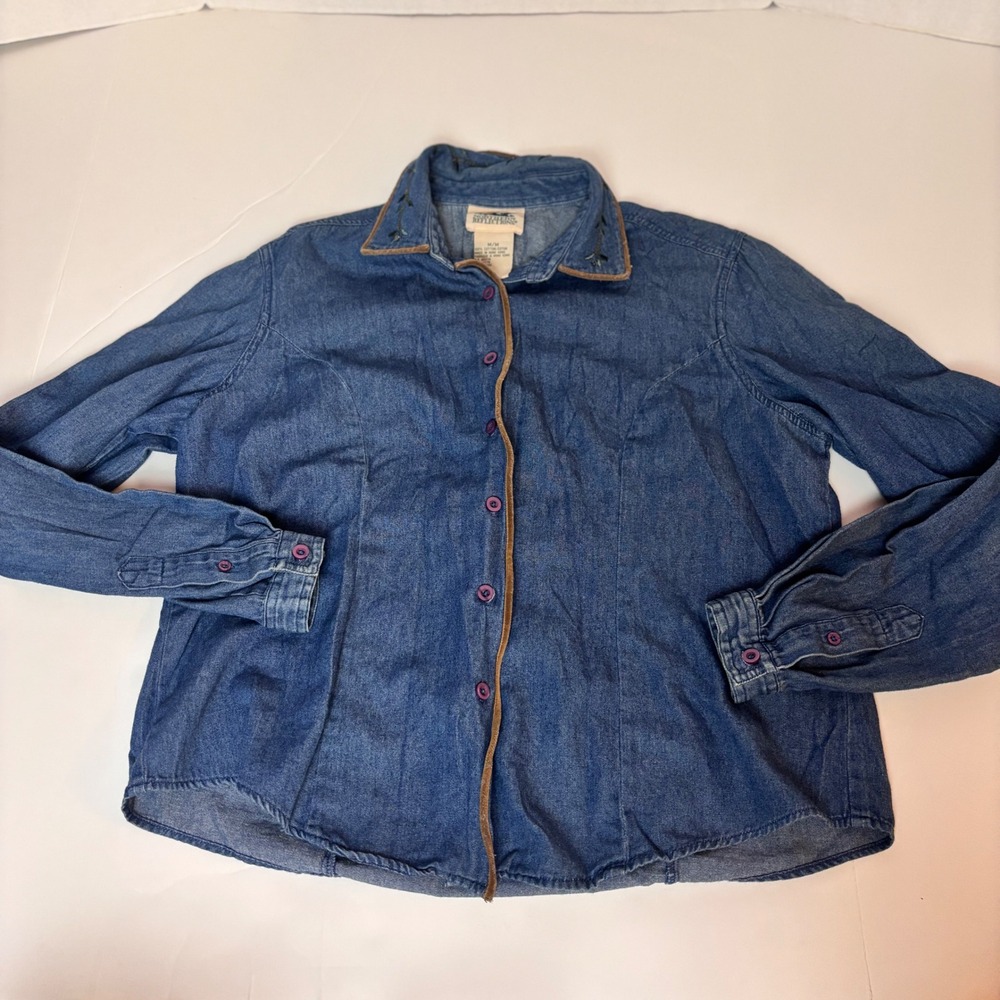 Vintage Northern Reflections‎ Denim Embroidered Floral Beaded Collar M Suede 90s